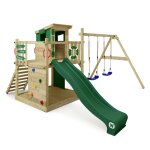 Aire de jeux bois wickey smart camp avec toboggan 220 cm vert double balan�oire et maisonnette ? 10 ans ...