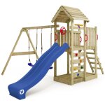 Aire de jeux portique bois multiflyer avec balanoire et toboggan bleu wickey