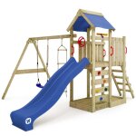 Aire de jeux portique bois multiflyer avec balanoire et toboggan bleu wickey