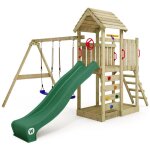 Aire de jeux portique bois multiflyer avec balanoire et toboggan vert wickey