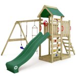 Aire de jeux portique bois multiflyer avec balanoire et toboggan vert wickey