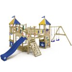 Aire de jeux portique bois smart queen wickey avec balanoire et toboggan bleu