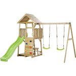 Aire de jeux portique en bois woodi - kangui - double balanoire toboggan cabane mur descalade
