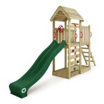 Aire de jeux bois wickey joyflyer avec toboggan 220 cm vert mur d?escalade et bac � sable ? 10 ans de ...