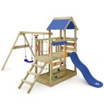 Aire de jeux wickey portique bois turboflyer avec balanoire et toboggan bleu