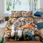 Animaux heureux tigres lopards lion parure de lit 3d effet 220 * 240cm 3 pieces 1 housse de couette ...