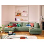 Anna - canap� panoramique dangle droit 7 places convertible avec coffre en velours textur� - vert sauge ...