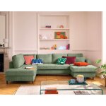 Anna - canap� panoramique dangle gauche 7 places convertible avec coffre en velours textur� - vert sauge ...
