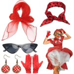Ann�es 50 costume femmes 5 pcs ensemble � pois �charpe gant boucle oreille bandeau pour soir�e de d�guisement ...