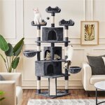 Arbre  chat gant multiniveau gris fonc - tour de chat - 3 perchoirs 2 paniers 3 niches griffoir poteaux ...