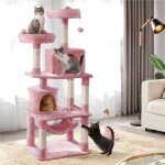 Arbre  chat rose - yaheetech - 61 x 495 x 145 cm - griffoir 2 niche 2 perchoirs 2 boules de peluche