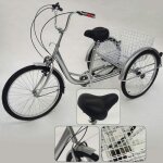 Argent tricycle pour adulte de 24 pouces - 6 vitesses - tricycle pour adulte avec panier et lumière Argent tricycle pour adulte de 24 pouces - 6 vitesses - tricycle pour adulte avec panier et lumière