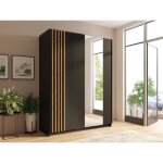 Armoire 2 portes coulissantes - avec miroir - l200 cm - noir et naturel - calela Armoire 2 portes coulissantes - avec miroir - l200 cm - noir et naturel - calela