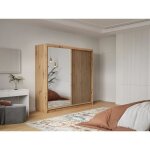 Armoire 2 portes coulissantes - avec miroir - l203 cm - coloris : naturel et noir - calowi Armoire 2 portes coulissantes - avec miroir - l203 cm - coloris : naturel et noir - calowi