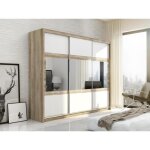 Armoire 3 portes coulissantes - avec miroir - l250 cm - coloris : naturel et blanc - leovia Armoire 3 portes coulissantes - avec miroir - l250 cm - coloris : naturel et blanc - leovia