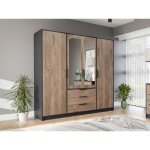 Armoire 4 portes et 3 tiroirs - avec miroirs - l196 cm - coloris : naturel et noir - lamiki