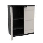 Armoire basse 2 portes titanium plastiken avec étagères - beige et noire - intérieur / extérieur Armoire basse 2 portes titanium plastiken avec étagères - beige et noire - intérieur / extérieur