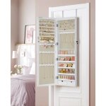 Armoire  bijoux - songmics - blanc bois et beige - miroir et compartiments verrouillables