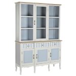 Armoire vaisselier vitrine en bois de paulownia - verre coloris bleu�ciel - blanc - longueur 141. 5 x ...