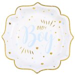 Assiette baby shower boy en blanc bleu ciel et or mtallis 21cm (x10) ref / 7252 matire carton