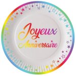 Assiettes jetables - joyeux anniversaire - 23 cm - multicolore - carton - lot de 16
