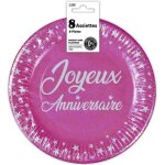 Assiettes jetables - joyeux anniversaire - 23 cm - rose fuchsia - 8 pices - carton