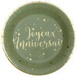 Assiette joyeux anniversaire en carton vert olive / sauge et dore or mtallise (x10) ref / 5670