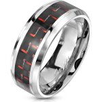 Bague anneau homme acier fibre de carbone rouge noir - argent - mixte