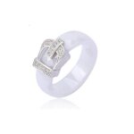 Bague c�ramique boucle de ceinture - blanc - zirconium - bijoux
