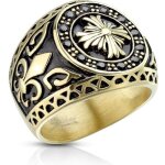 Bague chevalire homme - acier dor - croix celtique et fleurs de lys - emblme france