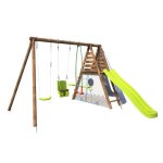 Portique en bois rond 3 agr�s avec balan�oire b�b� tipi et toboggan camelia