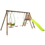 Portique en bois rond 4 agrès avec face à face et toboggan jacinthe Portique en bois rond 4 agrès avec face à face et toboggan jacinthe