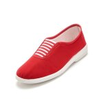 Ballerines femme - toile rouge - �lastique fantaisie ray� - talon compens� confortable 25cm