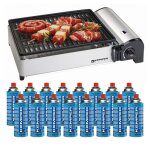 Barbecue � gaz 1900w grille anti adhesive + 16 cartouches gaz camping kemper