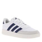 Baskets tennis blanches � talon plat et � lacets plats blancs et bandes bleues