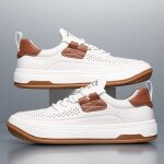 Baskets homme sneakers en cuir plat chaussure de skate antidérapage bicolore aéré été - blanc Baskets homme sneakers en cuir plat chaussure de skate antidérapage bicolore aéré été - blanc
