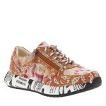 Baskets running en cuir orange � motifs fleuris avec lacets et zip lat�ral
