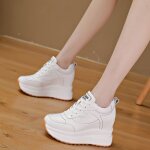 Baskets  semelle compense - ecelen - cuir vritable - talon 10 cm - blanc - fleece - femme