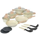 Batterie de cuisine 15 pi�ces avec rev�tement en granit et manche en bois noir herzberg beige hgwdbej15 ...