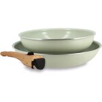 Batterie de cuisine - menastyl - colorama - aluminium - 2 po�les + 1 poign� - coloris c�ladon
