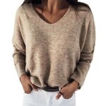Beige - pull pour femmes à manches longues col en v en tricot décontracté confortable Beige - pull pour femmes à manches longues col en v en tricot décontracté confortable