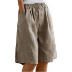 Bermuda femme confortable coton lin lastiqu taille haute - d - kaki / blanc