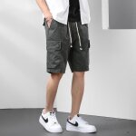 Bermuda homme cargo en coton coupe droite taille standard �lastiqu�e multipoches - gris fonce
