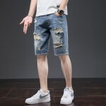 Bermuda homme en jeans dchir coupe droite 5 poches casual short ete fashion effet abrassion et dlav ...