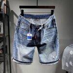 Bermuda en jean homme d�chir�s - grande taille - coupe droite - bleu