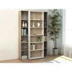 Bibliothque coulissante avec 18 niches - naturel et blanc - prali
