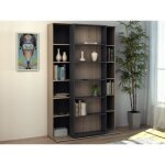 Biblioth�que coulissante avec 18 niches - naturel et anthracite - prali