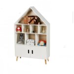Biblioth�que enfant forme maison 10 compartiments 2 portes coulissantes meuble chambre - h. 126 cm