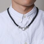 Bijoux collier homme - collier de perles en agate noire avec tte fantme en acier inoxydable de 60 cm ...