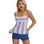 Bikini grande taille femme ray� - polyester - coussin de poitrine - bleu